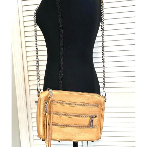 Rebecca Minkoff Chain link Tan Leather Shoulderbag triple zipper front Crossbody - Picture 1 of 10